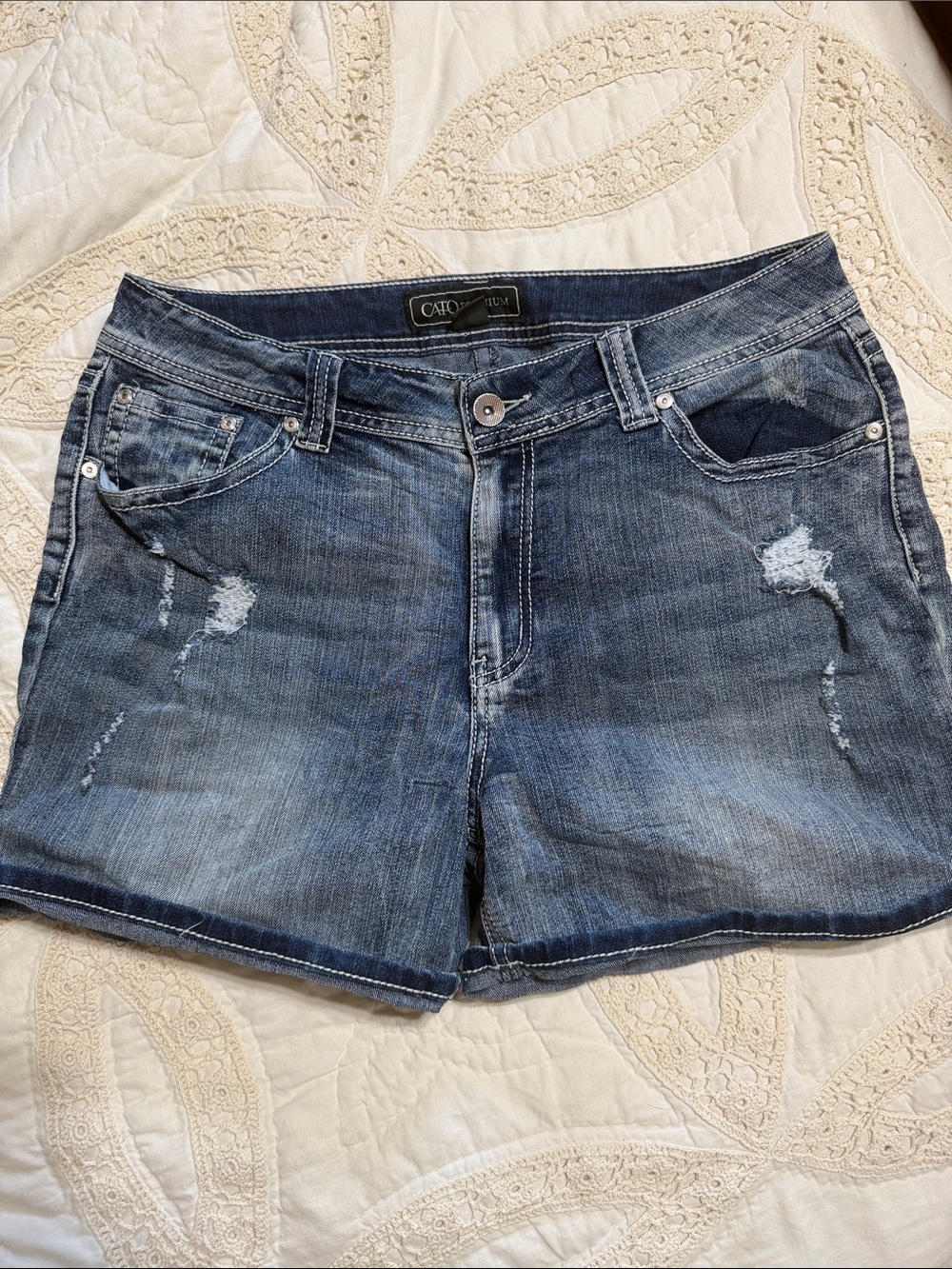 Cato Indigo Washed Distressed Jean Shorts with rolled Hem & Embroidered Pockets
